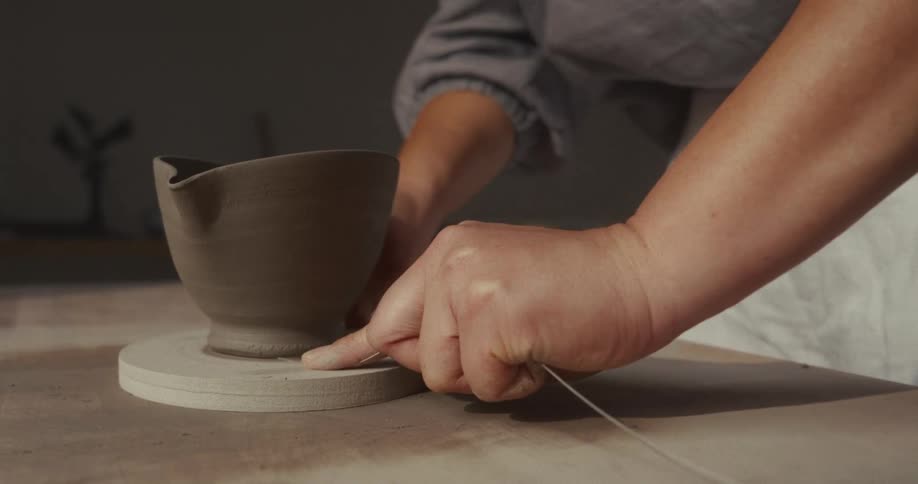 Female potter uses a line to separate an unbaked bowl from a circular slab on a work table