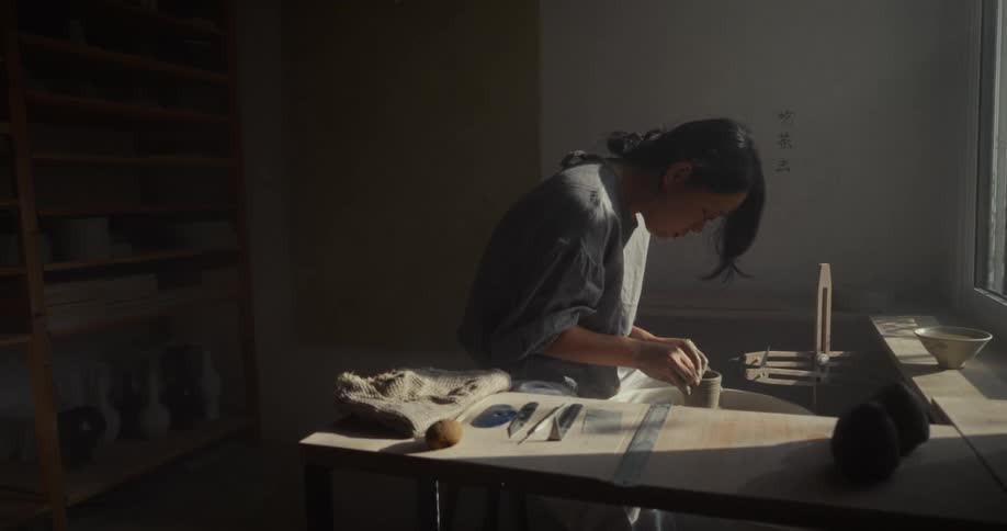 The woman sculpts something on the pottery wheel