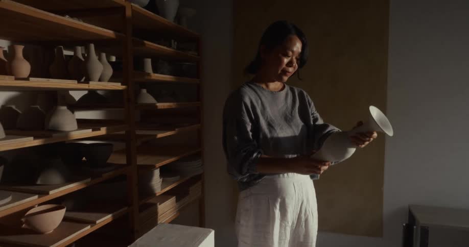 A young asian woman holding and inspecting a ceramic vase while standing in a pottery room during daytime