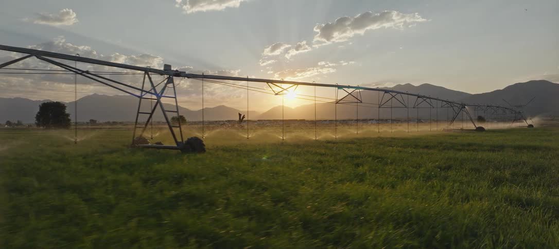 A large industrial irrigation system on a big crop field