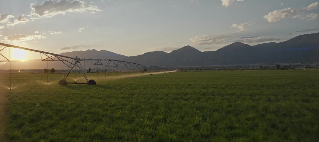 A green field with a center pivot irrigation system at sunset beside the mountains
