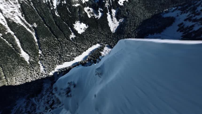 Snow covered conifers cling to a steep sloping mountain ridge over a valley in a forested mountain range on a winter day