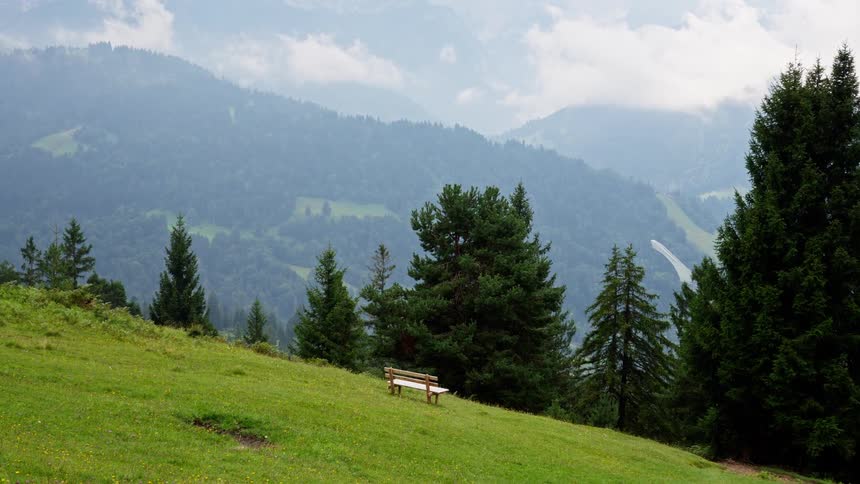 Lone bench in a green field with trees and cloudcovered mountains in the background