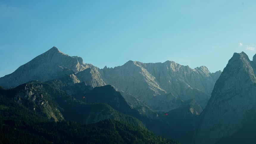 The rocky summits of the mountains in a mountain range