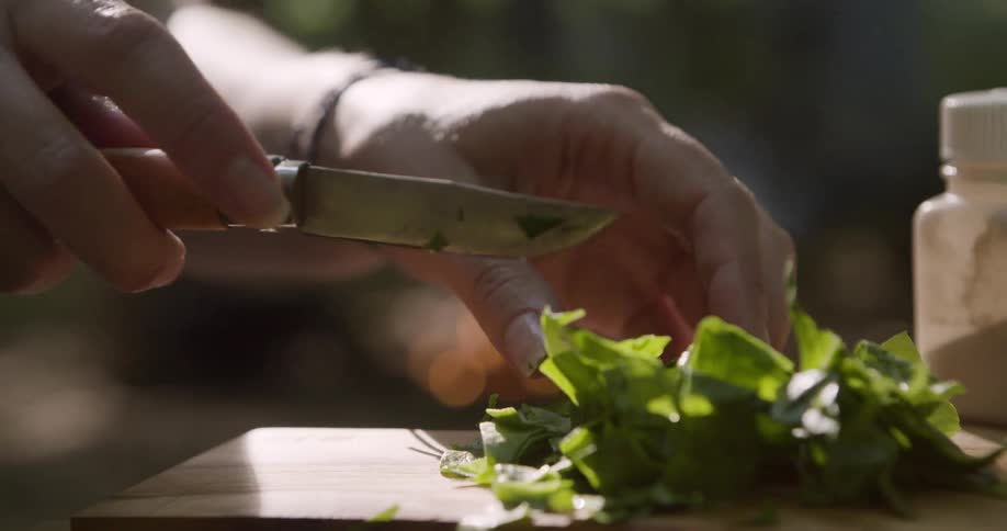 A person cuts vegetables with a knife while camping in the woods at midday preparing food surrounded by tall trees and natural light