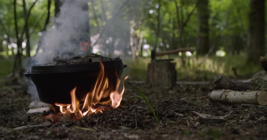 Black pot over flames surrounded by burning wood on a forest floor