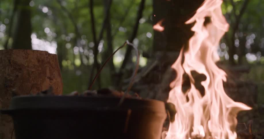 A large dark metal vessel with a wire handle sits over a source of heat with tall orange and yellow flames rising and dominating the right side of the frame all set against a blurry green background of tree trunks and forest vegetation