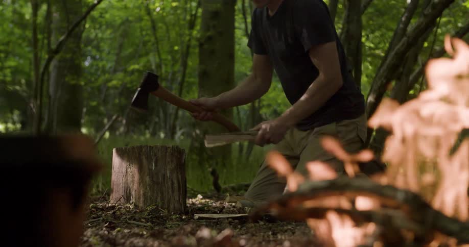 A person stands over a tree stump in a forest holding an axe midswing to chop a piece of wood while a brightly burning fire occupies the immediate right foreground