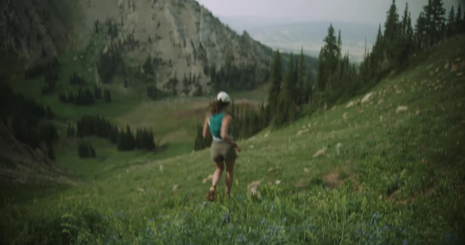 The shot transitions from a closeup of a flowering stalk to a wide view of a person running away from the camera down a steep green grassy mountain slope overlooking a deep valley filled with pine trees