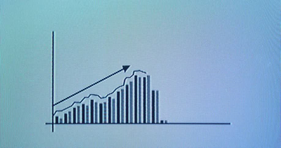 Pixelated bar animation or sales chart with an upward line represents continuous growth over time as the value increases during financial data presentation due to positive development or great business performance with economic success