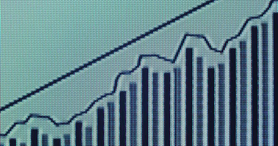 Futuristic macro close up of a retro digital CTR screen playing animated graph with a rising line chart and upward pointing arrow overlaying moving black bars representing stock market or business growth with financial success on white background
