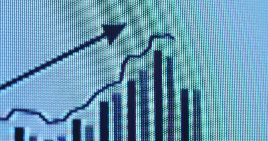 Handheld macro shot with dynamic camera movement of a data graph animation that moves upwards on a CTR pixel screen with a positive trend or rising development as symbol for increasing prices caused by high inflation