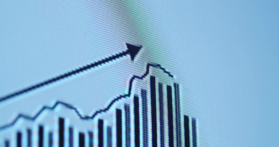 Black and white animation of bar chart of stock prices or business development features an upward arrow moving from left to right with a positive trend line and a rising value as part of financial data statistic during cooperate presentation
