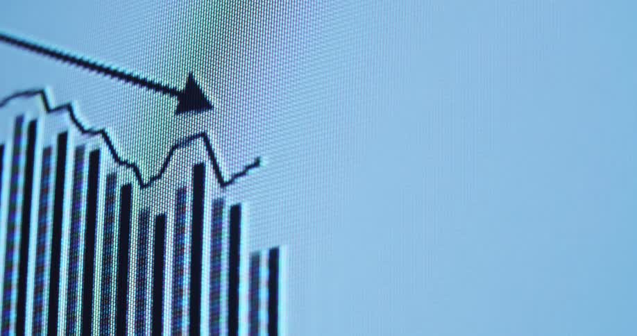 Sharp decline shown in a financial chart animation played on a pixelated CTR computer screen as symbol for the financial crisis of the global economy in a dramatic downward trend with negative tendency as the numbers decrease