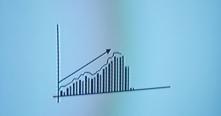 Digital black and white screen shows an animated graph with a rising line chart and vertical bars growing upward to indicate business development or financial investment success during a cooperate presentation with holographic overlay