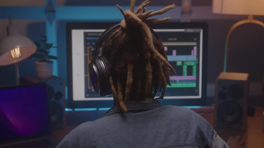 Person works on music production in a dimly lit studio