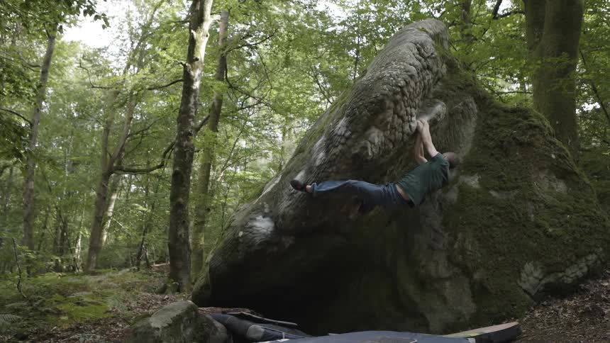 A man is bouldering on a large moss covered rock in the forest