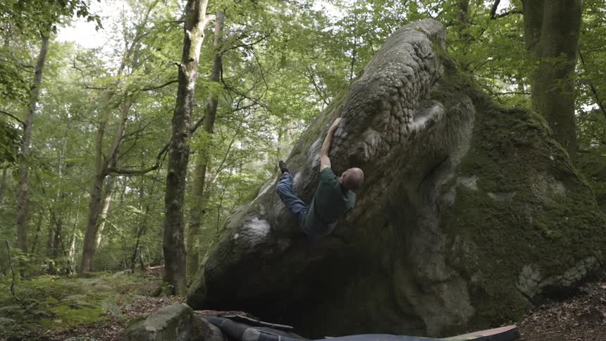 Person bouldering on a large rock in the middle of the forest