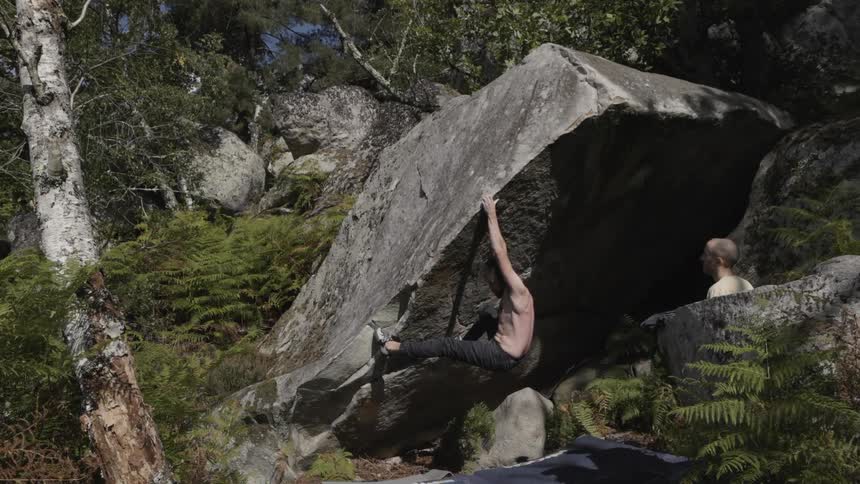 A man practices rock climbing on a giant boulder in an evergreen forest