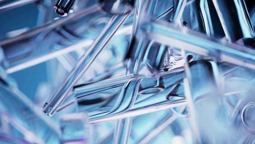 Transparent tubes of various diameters and lengths float through the air against a blue and black background