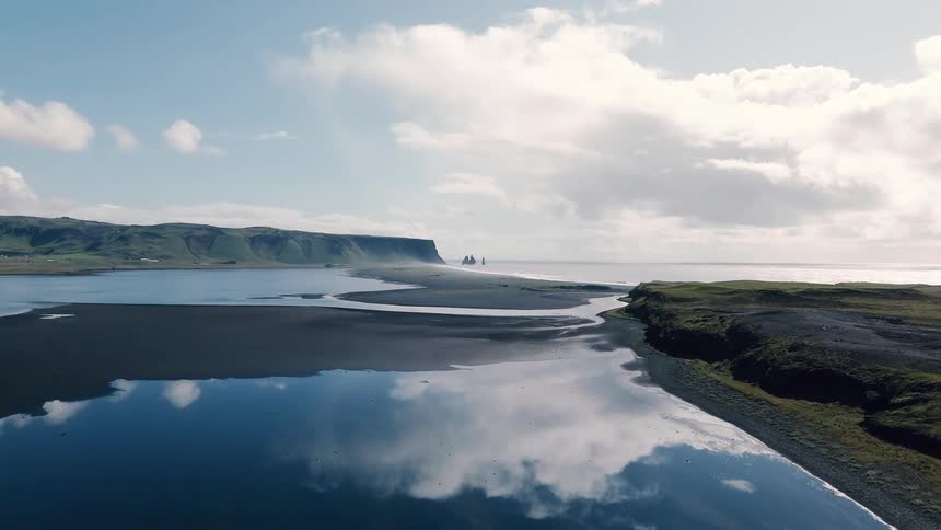 Calm water reflects the sky over a coastal landscape with cliffs and a winding road