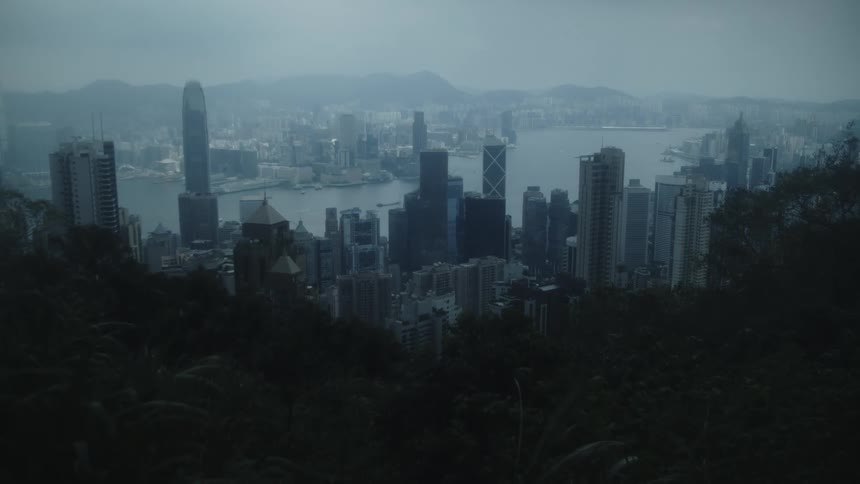Stationary highangle panoramic view of a densely populated collection of tall structures bordering a body of water