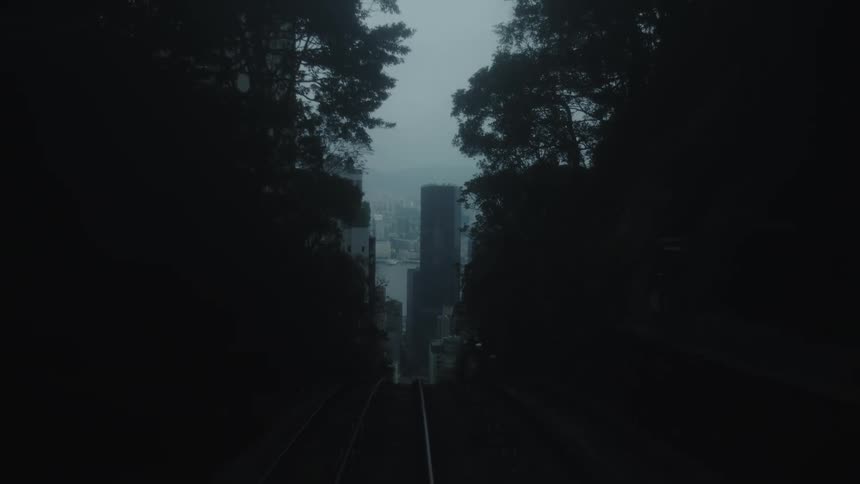 Skyscrapers appear in the background framed by trees under a cloudy sky