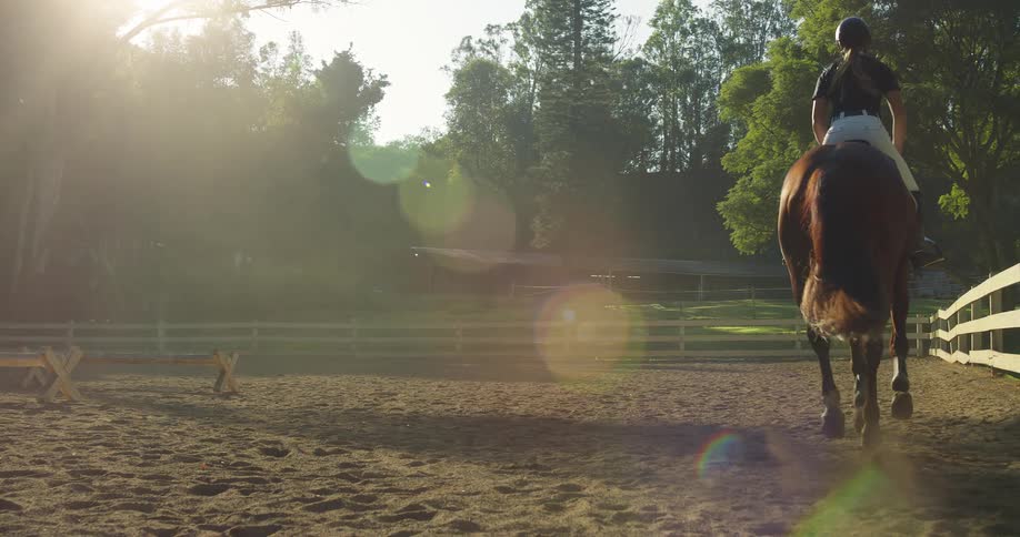 The woman rides her horse through the dirt