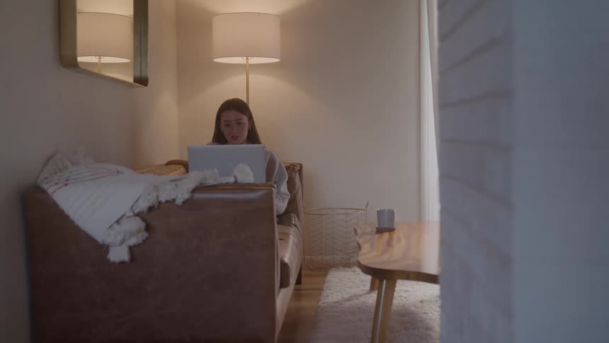 The woman is using her laptop on the couch
