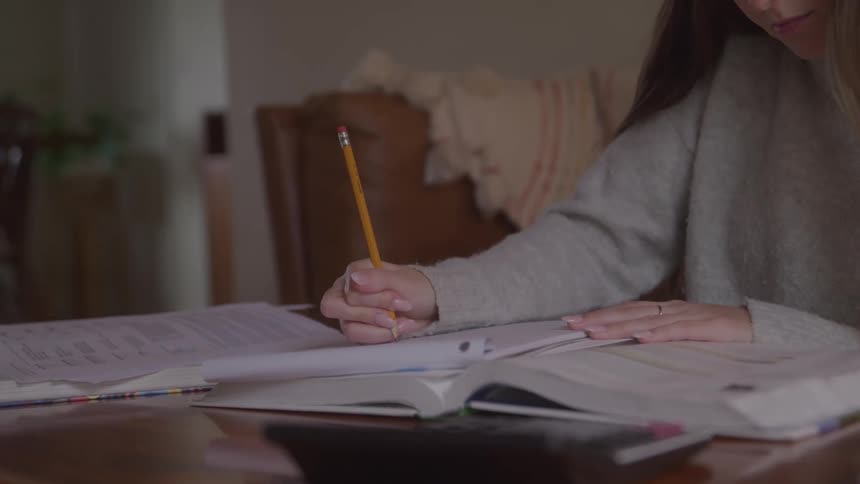 The girl is doing homework with a pencil