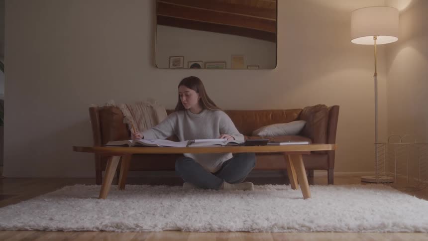The woman is doing homework on the coffee table