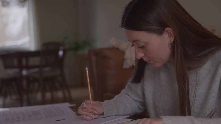 The woman is studying at home