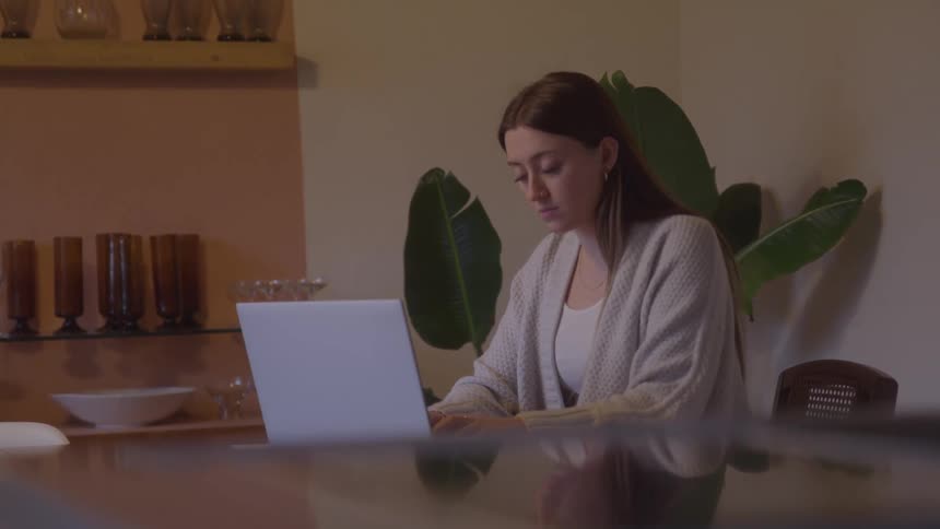 A young woman with long brown hair types on a laptop while sitting in the dining room