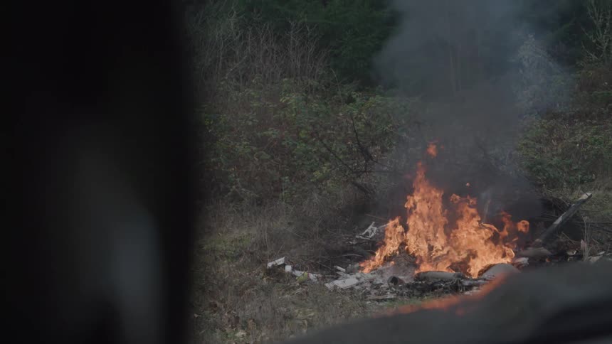 The trash is burning and giving off dark smoke by the forest