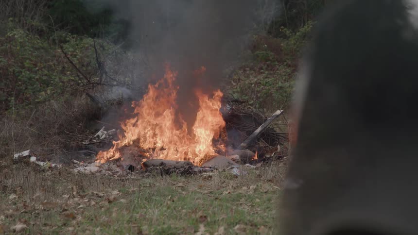 Intense bonfire burns in an open area surrounded by vegetation