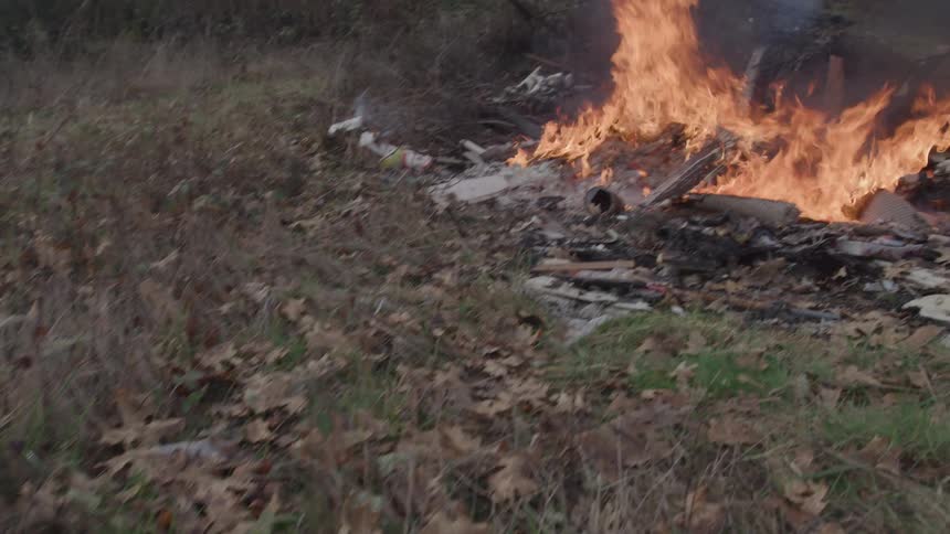 A group of burning items on the ground in a forest area during daytime