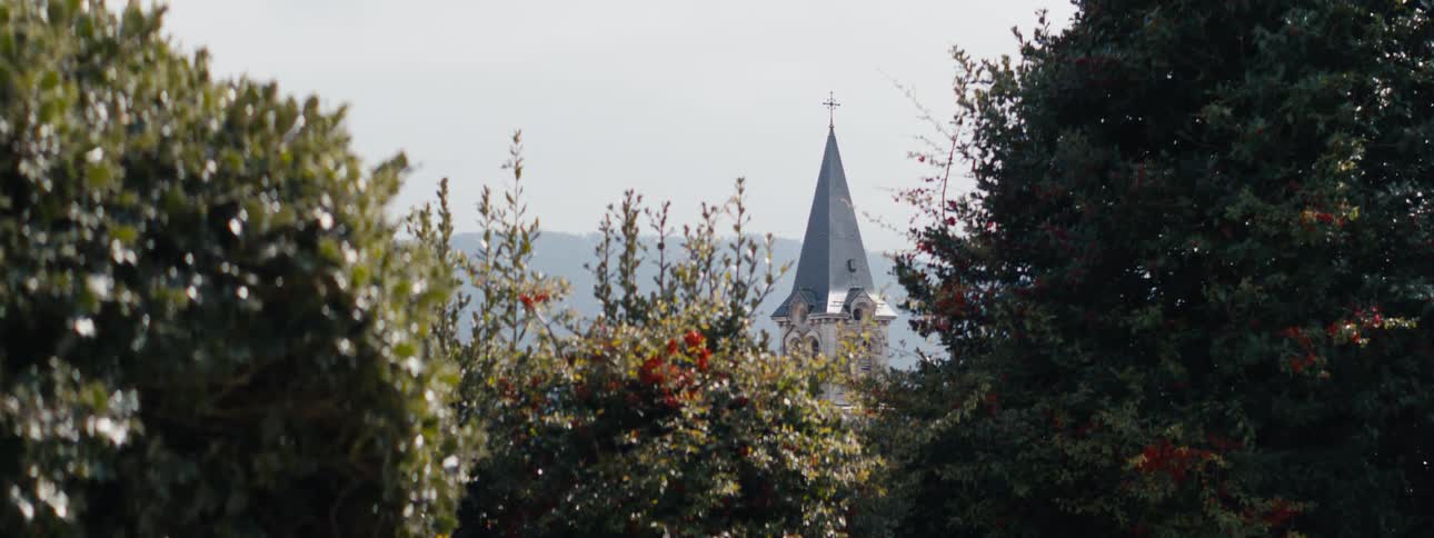 The church is behind the trees