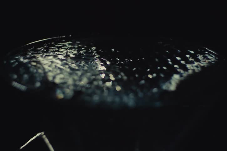 A bowl of water sits in a dark room vibrations sending ripples across its surface