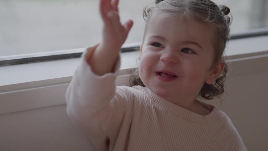 A toddler sits beside a window with hands raised looking excited