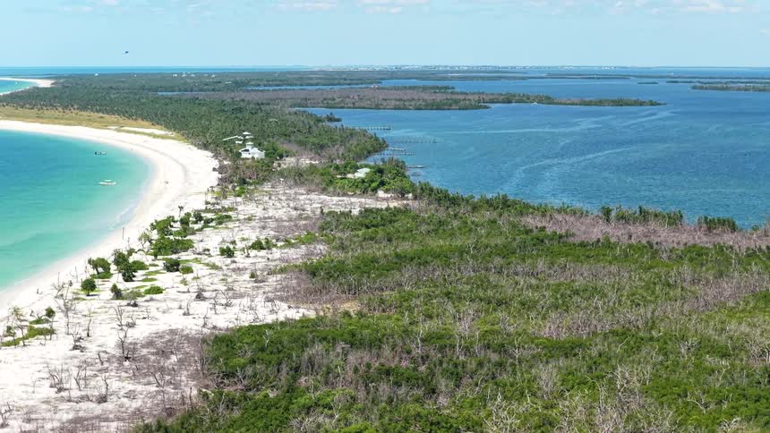 Stretch of white sand lines the coastline between turquoise waters and coastal vegetation