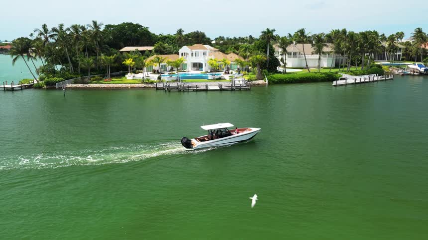 Speedboat glides through a green canal surrounded by houses and palm trees