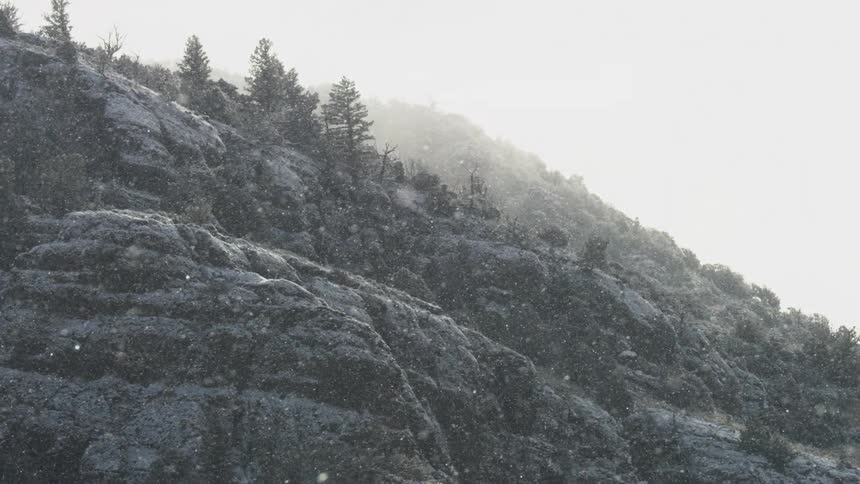 Snow falls from the sky upon a rocky cliff with many trees on it