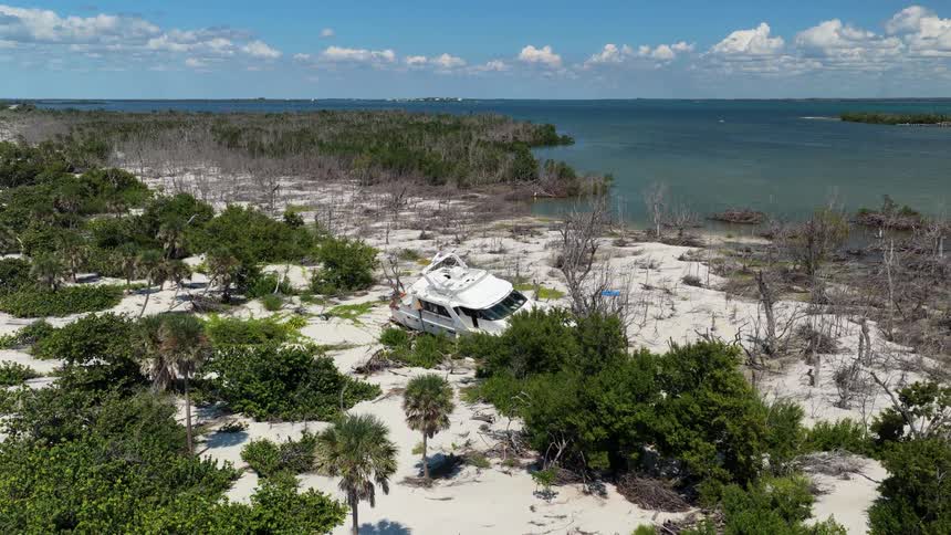 An aerial view shows a large white yacht severely beached inland on a sandy shoreline surrounded by sparse vegetation and dead trees facing the ocean under a partially cloudy blue sky