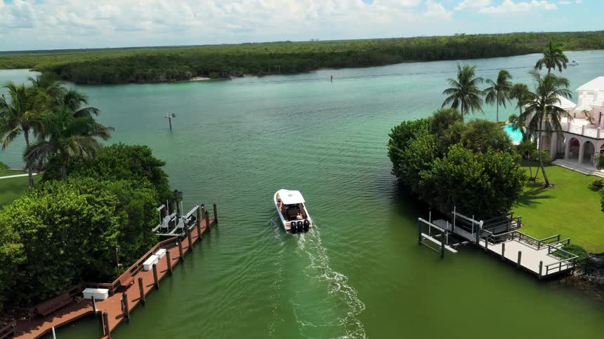 Speedboat heads toward a river surrounded by tropical vegetation and piers