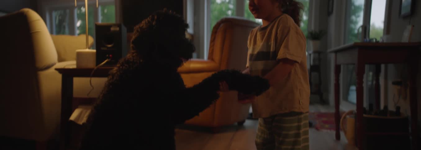 Child smiles while holding a dogs paw indoors at dusk