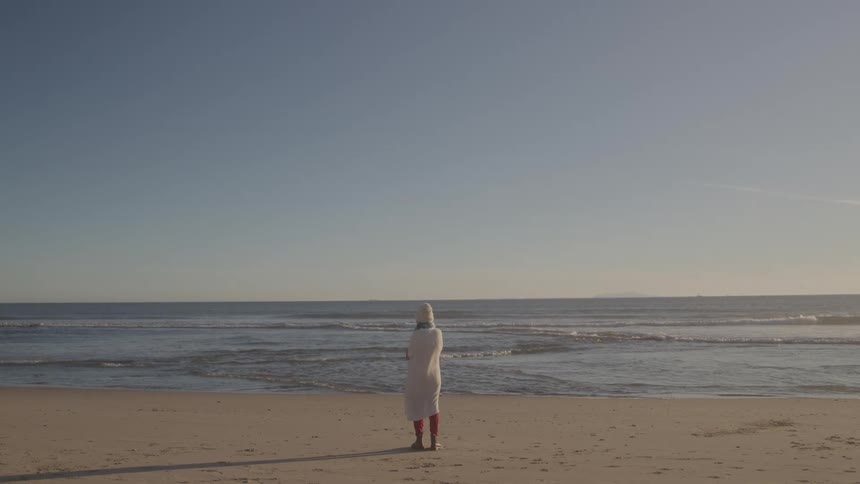 Person watches the sea alone on the beach on a sunny day