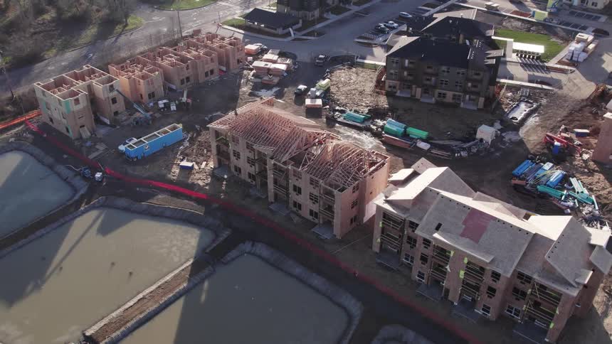Residential building construction in progress seen from above