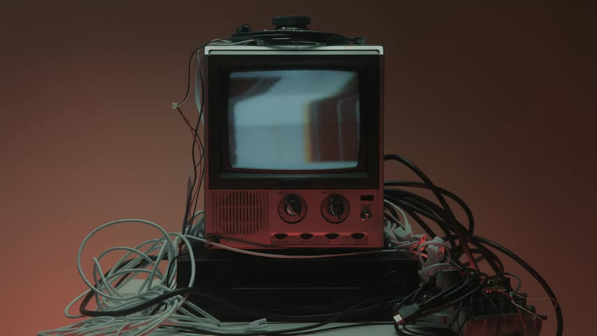 A television set displaying visual distortions on its screen with a human hand reaching and pressing a button to turn it on