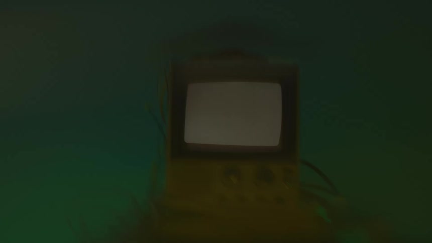 Old screen displays icons in a dark greenish environment