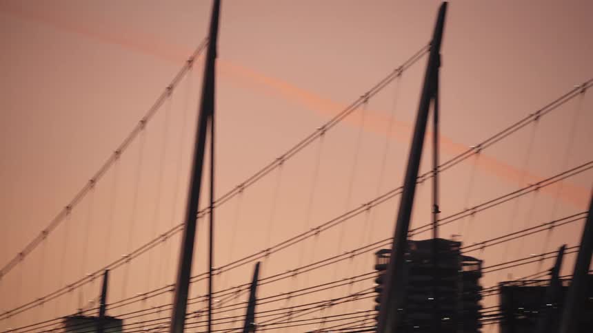 The video shows the silhouettes of a modern cablestayed bridge and tall cylindrical apartment buildings against a warm orangepink sunset a small bird can be seen flying between the cables of the bridge the final shot focuses on the buildings with a